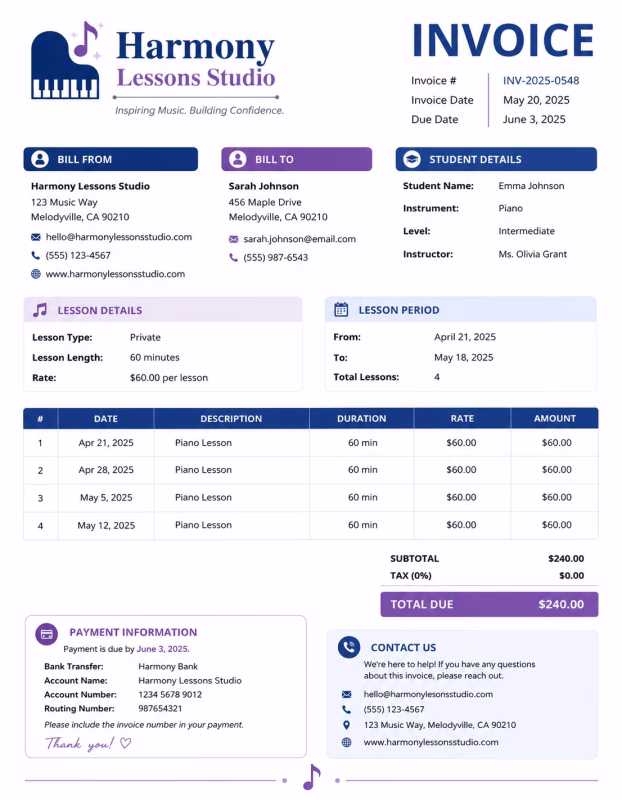 Music teacher invoice template showing music lessons, session details, tuition fees, and payment information