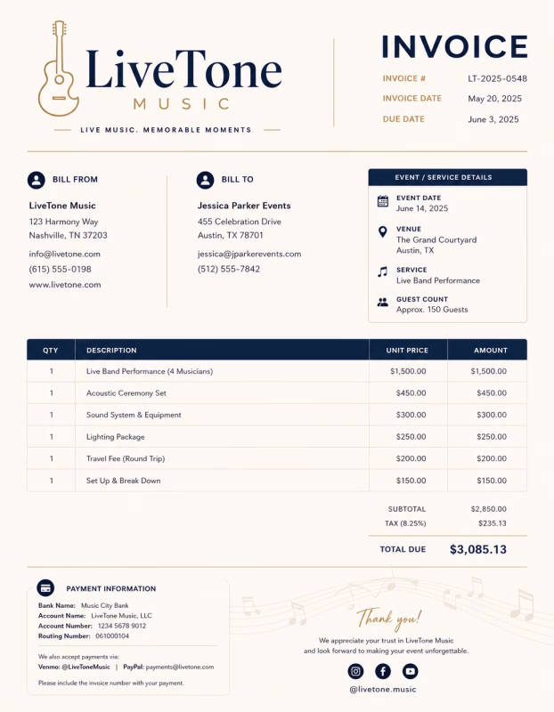Musician invoice template showing music performance services, event details, session fees, and payment information