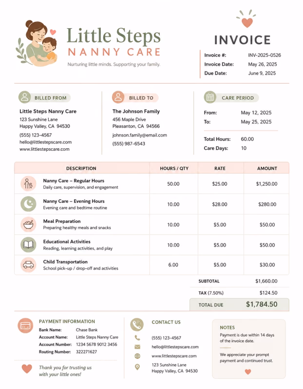 Nanny invoice template showing childcare services, care hours, service charges, and payment information