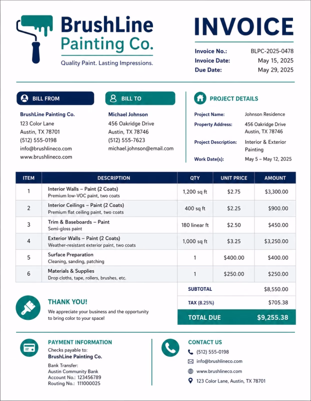 Painting invoice template showing painting services, labor charges, materials, project details, and payment information