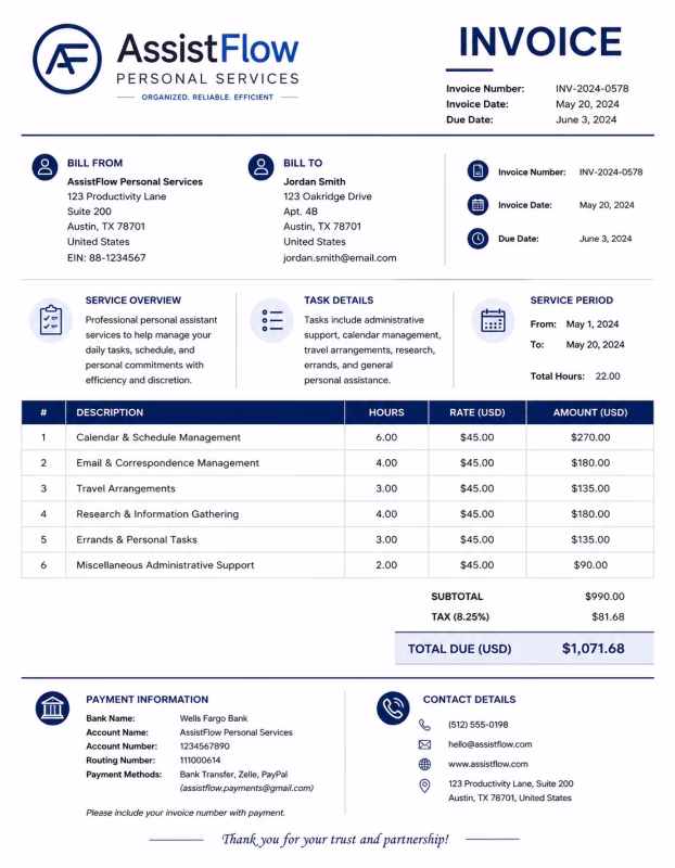 Personal assistant invoice template showing administrative support services, service hours, task details, and payment information