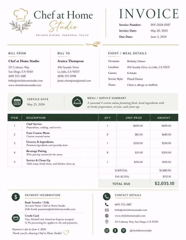 Personal chef invoice template showing meal preparation services, menu details, service charges, and payment information
