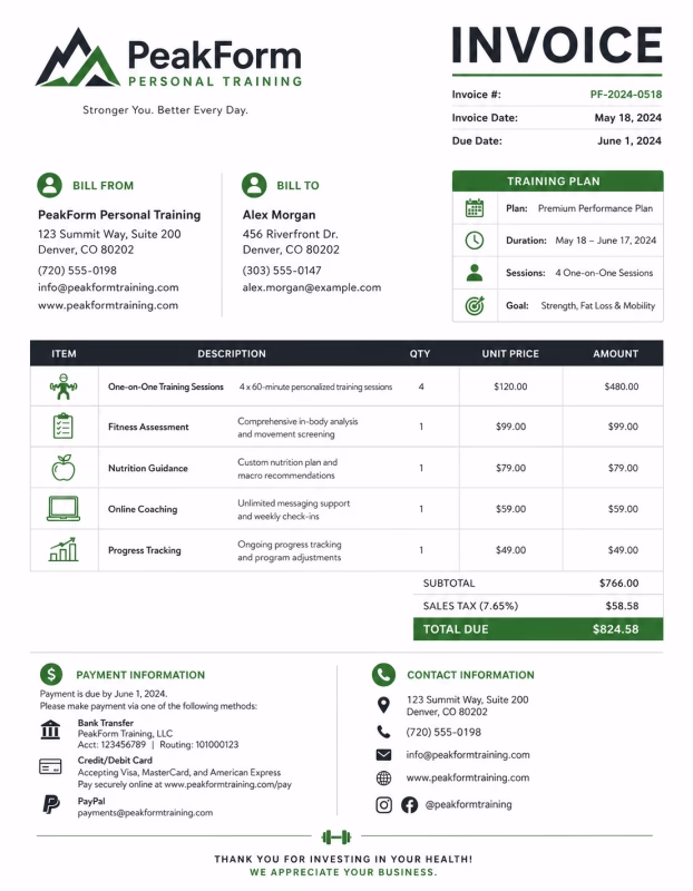 Personal trainer invoice template showing fitness coaching services, training sessions, service fees, and payment information