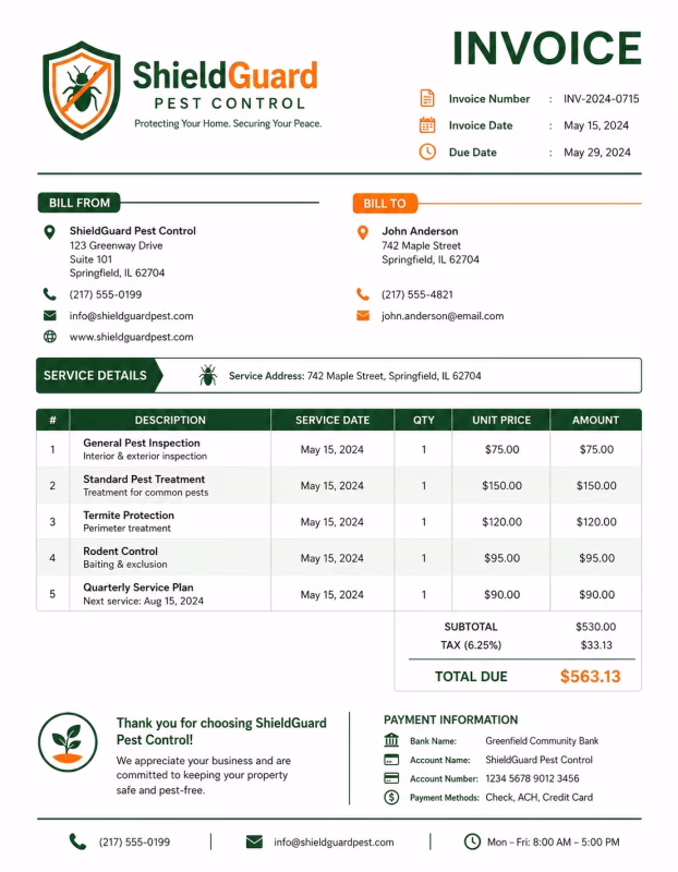 Pest control invoice template showing pest treatment services, labor charges, materials, and payment details
