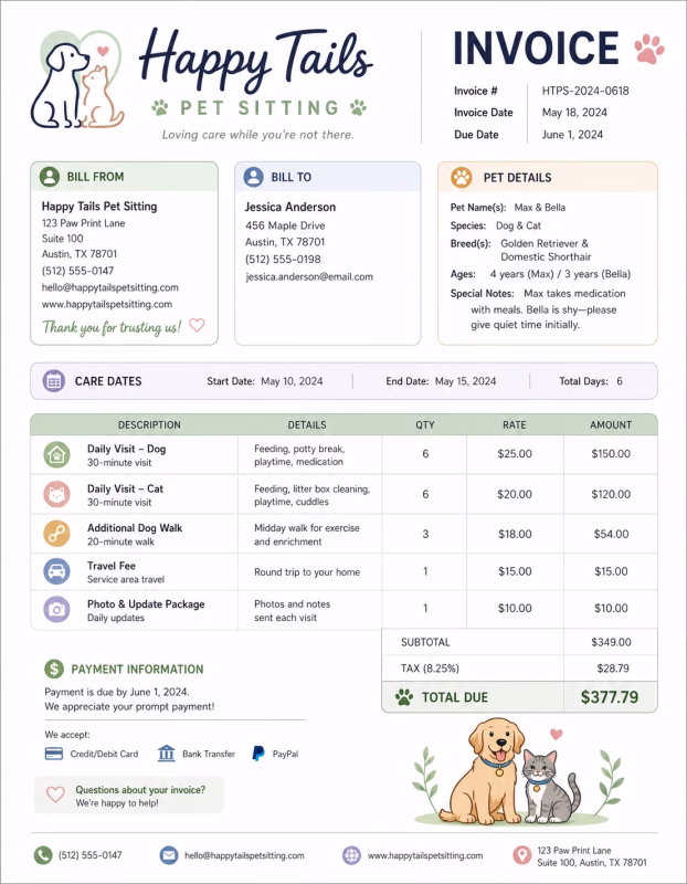 Pet-sitting invoice template showing pet care services, visit details, service charges, and payment information