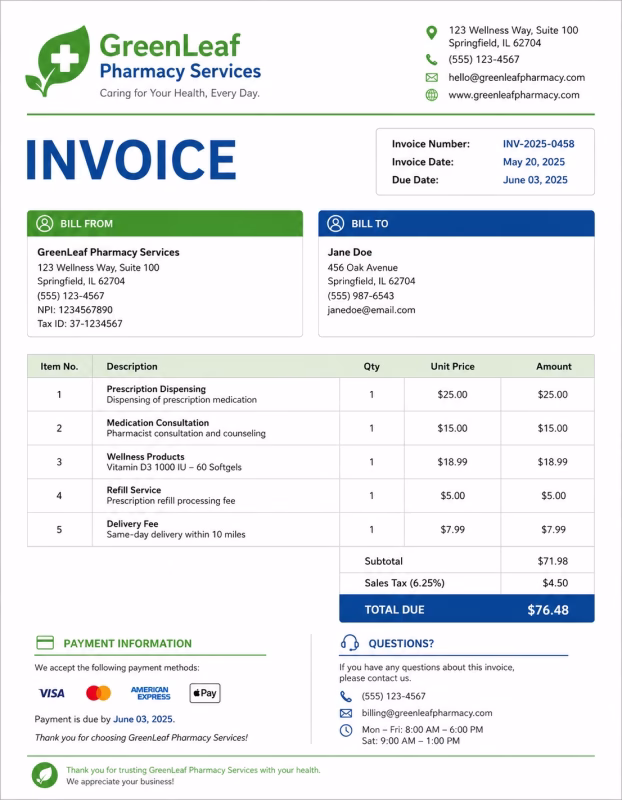 Pharmacist invoice template showing pharmacy services, medication details, dispensing charges, and payment information