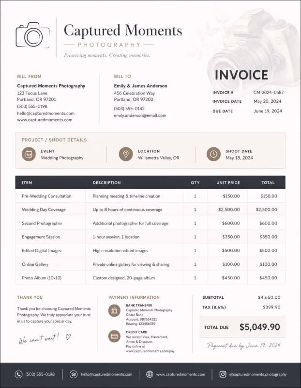 Photography invoice template showing photography services, session details, editing charges, and payment information