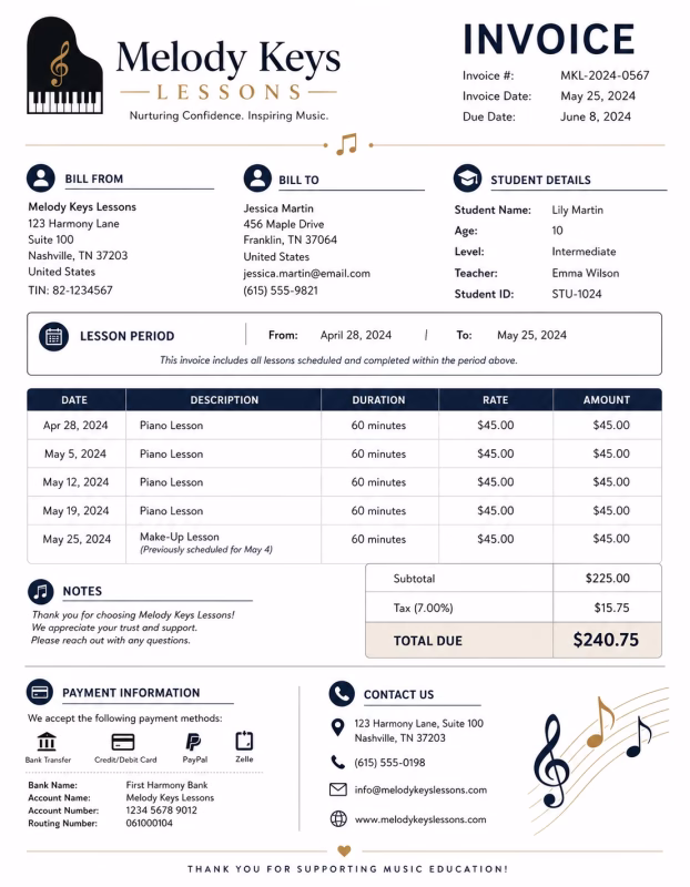 Piano lesson invoice template showing music lessons, session details, tuition fees, and payment information