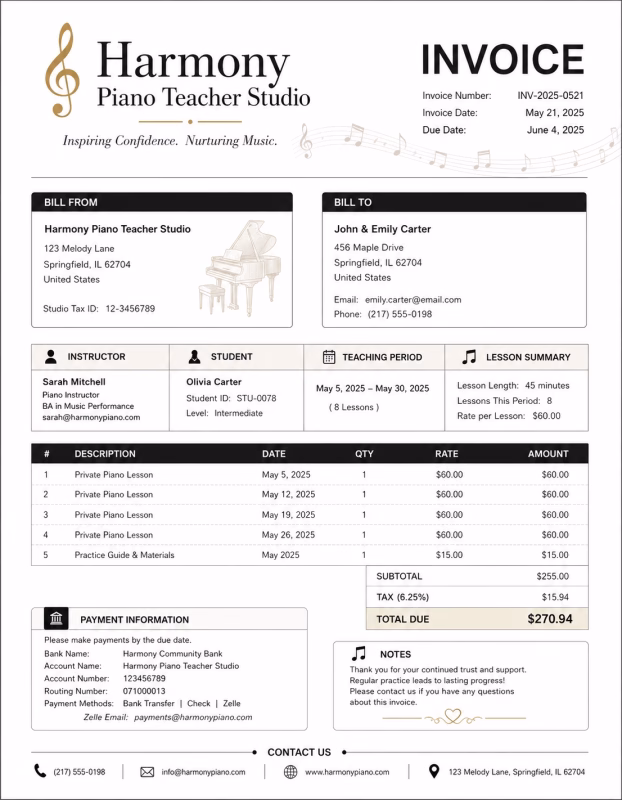 Piano teacher invoice template showing piano lessons, session details, teaching fees, and payment information