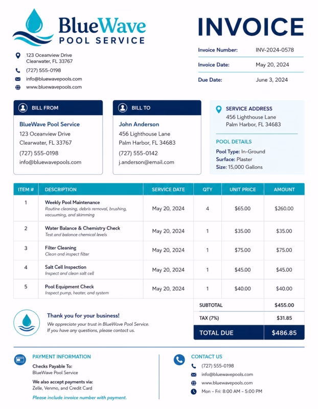 Pool service invoice template showing pool cleaning, maintenance services, labor charges, and payment details