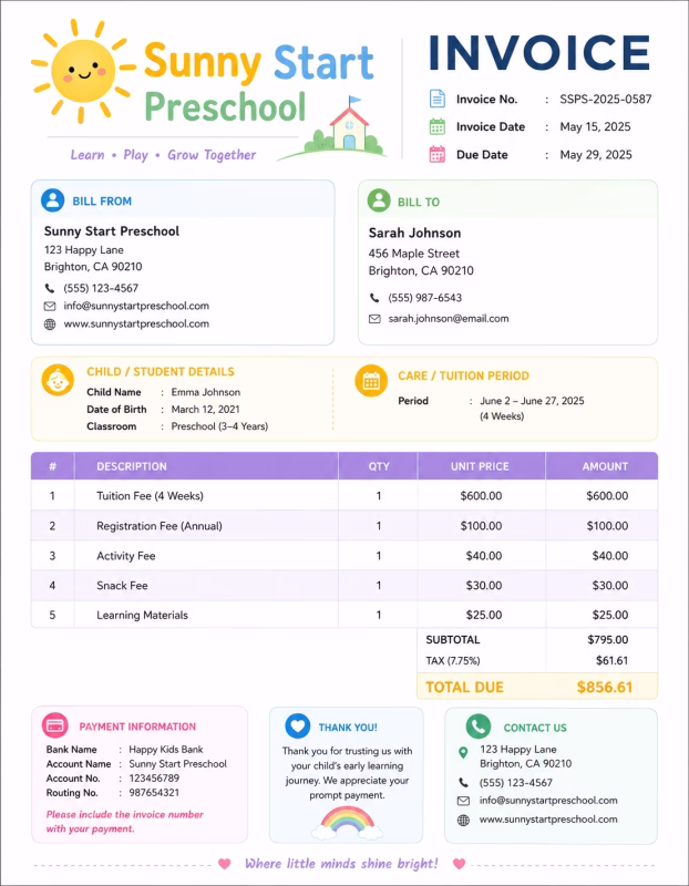 Preschool invoice template showing preschool services, tuition details, care charges, and payment information