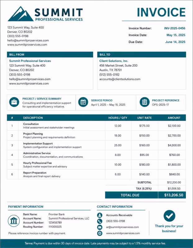 Professional services invoice template showing consulting or business services, project details, service charges, and payment information