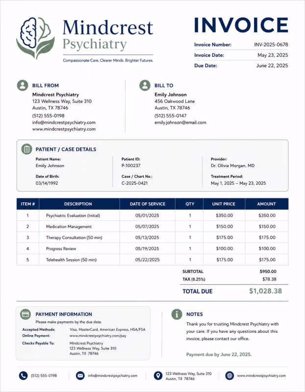 Psychiatrist invoice template showing psychiatric consultation services, treatment details, session fees, and payment information