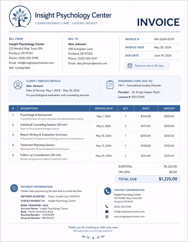 Psychologist invoice template showing psychological consultation services, therapy sessions, treatment details, and payment information