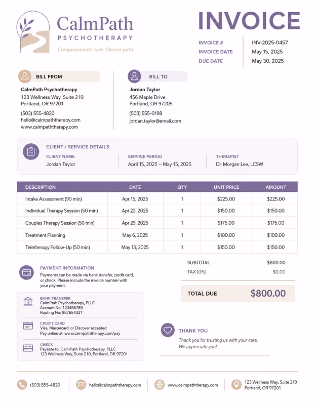 Psychotherapy invoice template showing psychotherapy sessions, treatment details, counseling fees, and payment information