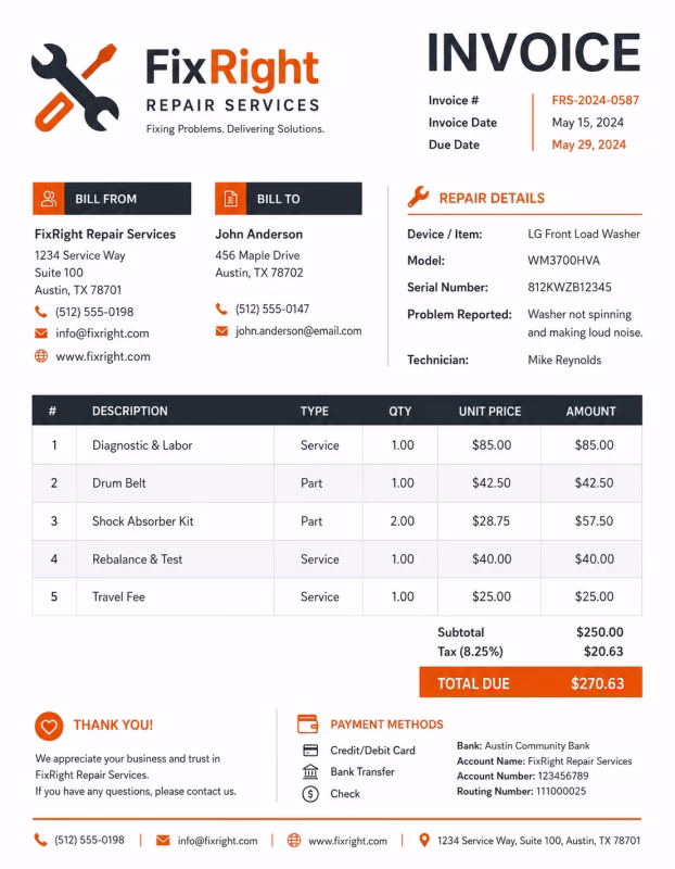 Repair invoice template showing repair services, labor charges, parts, and payment details