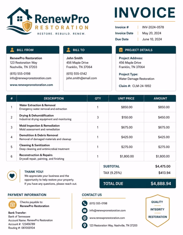 Restoration invoice template showing restoration services, labor charges, materials, project details, and payment information