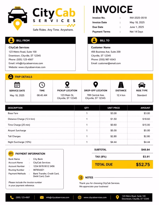 Taxi invoice template showing transportation services, trip details, fare charges, and payment information