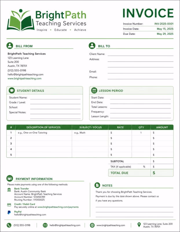Teaching invoice template showing teaching services, lesson details, tuition fees, and payment information