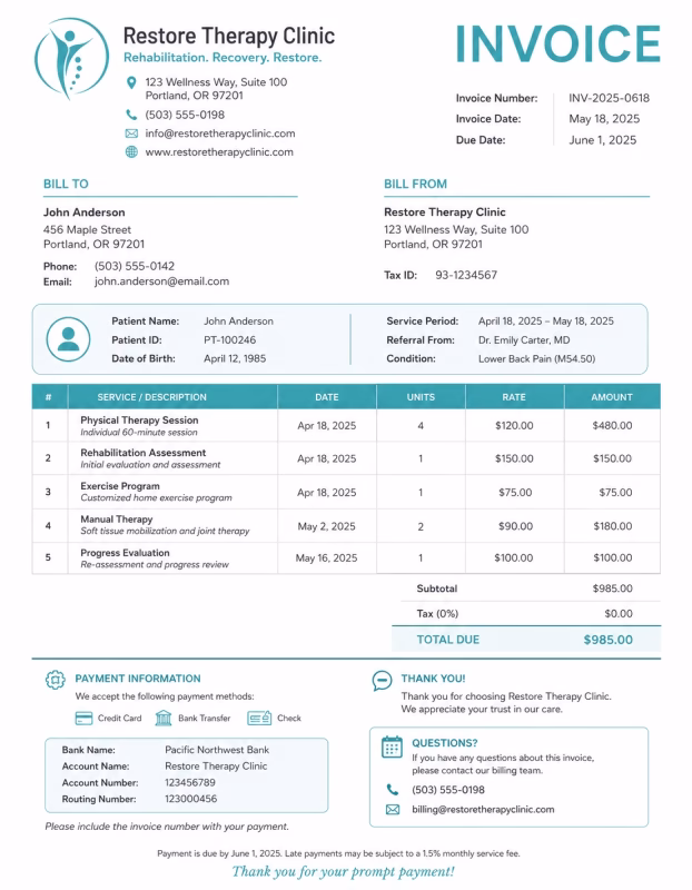 Therapy invoice template showing therapy services, session details, treatment charges, and payment information