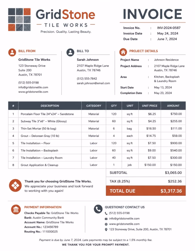Tile installation invoice template showing tiling services, labor charges, materials, and payment details