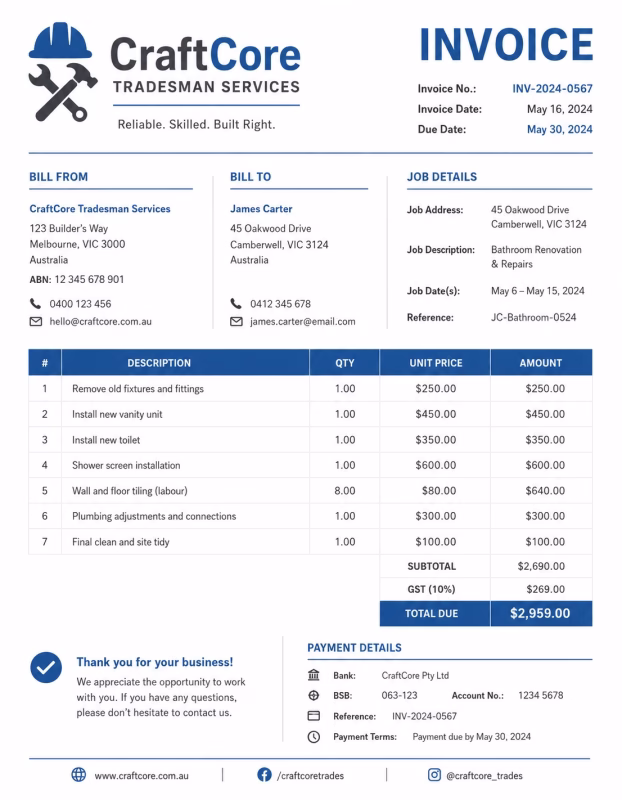 Tradesman invoice template showing labor services, materials, project details, and payment information