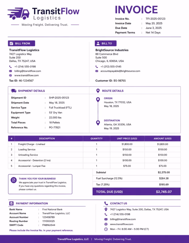 Transportation invoice template showing transportation services, trip details, service charges, and payment information