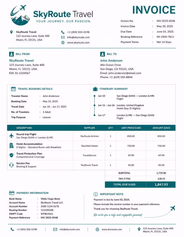 Travel agency invoice template showing travel booking services, itinerary details, service charges, and payment information