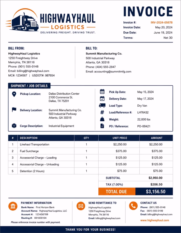 Trucking invoice template showing freight transportation services, shipment details, mileage charges, and payment information