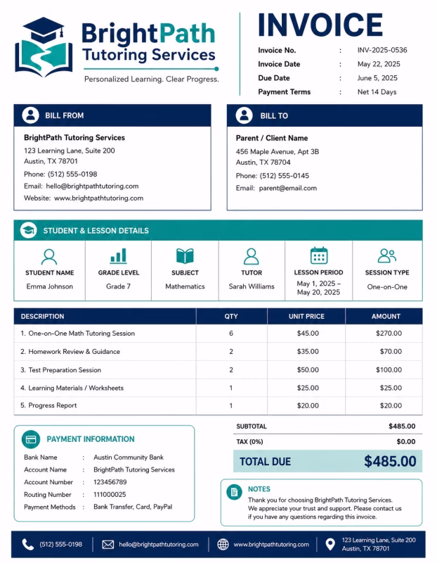 Tutoring invoice template showing tutoring services, lesson details, session fees, and payment information