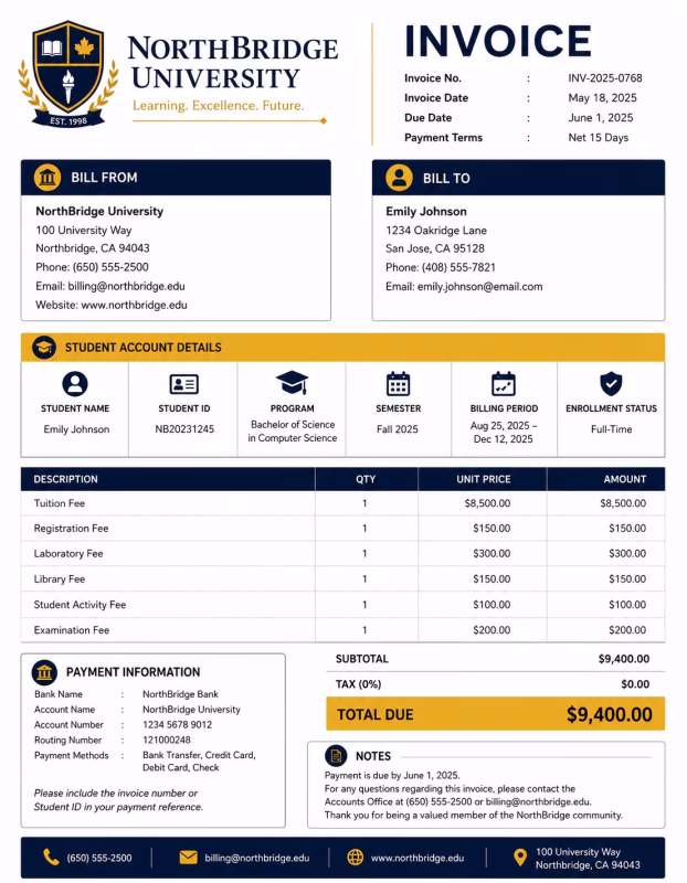 University invoice template showing tuition fees, course details, educational charges, and payment information