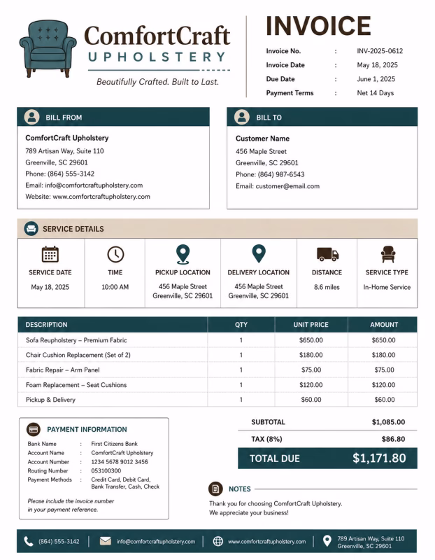 Upholstery invoice template showing upholstery services, materials, labor charges, and payment information