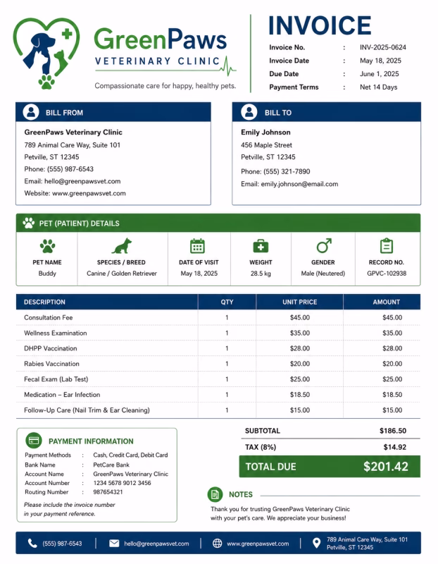 Veterinary invoice template showing veterinary services, pet treatment details, medical charges, and payment information