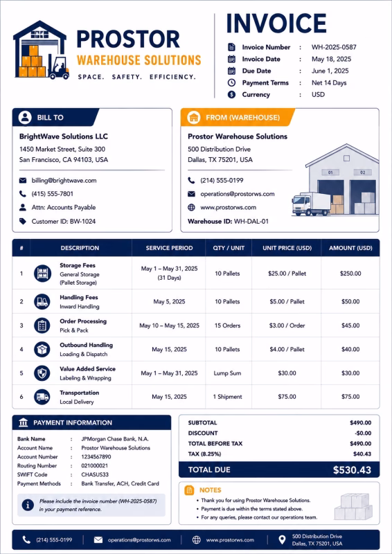 Warehouse invoice template showing storage services, inventory details, handling charges, and payment information