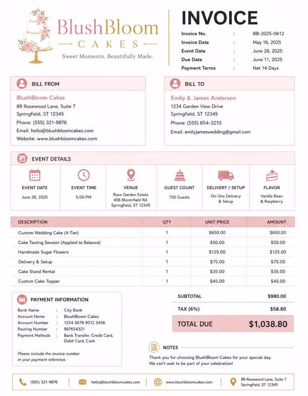 Wedding cake invoice template showing custom cake services, order details, design charges, and payment information