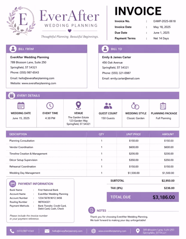 Wedding planner invoice template showing wedding planning services, event details, service charges, and payment information