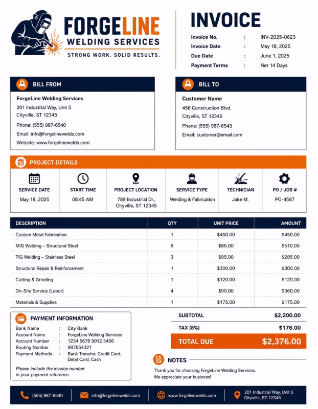 Welding invoice template showing welding services, labor charges, materials, and payment information