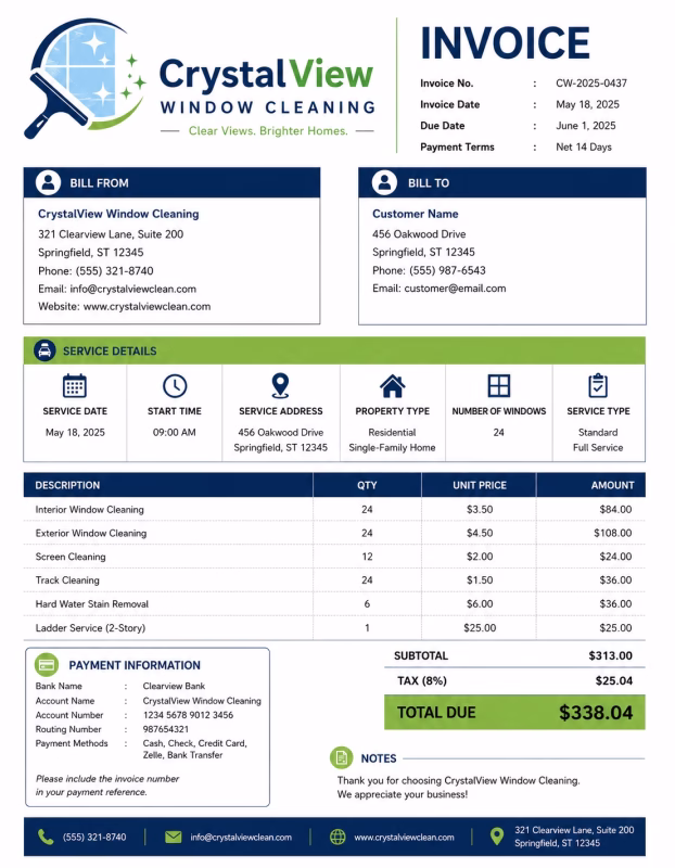 Window cleaning invoice template showing window cleaning services, service details, labor charges, and payment information