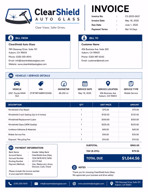 Windshield repair invoice template showing windshield repair services, vehicle details, repair charges, and payment information