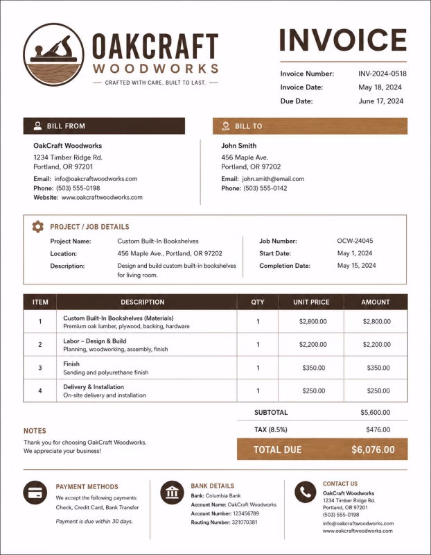 Woodworking invoice template showing custom woodworking services, materials, labor charges, and payment details