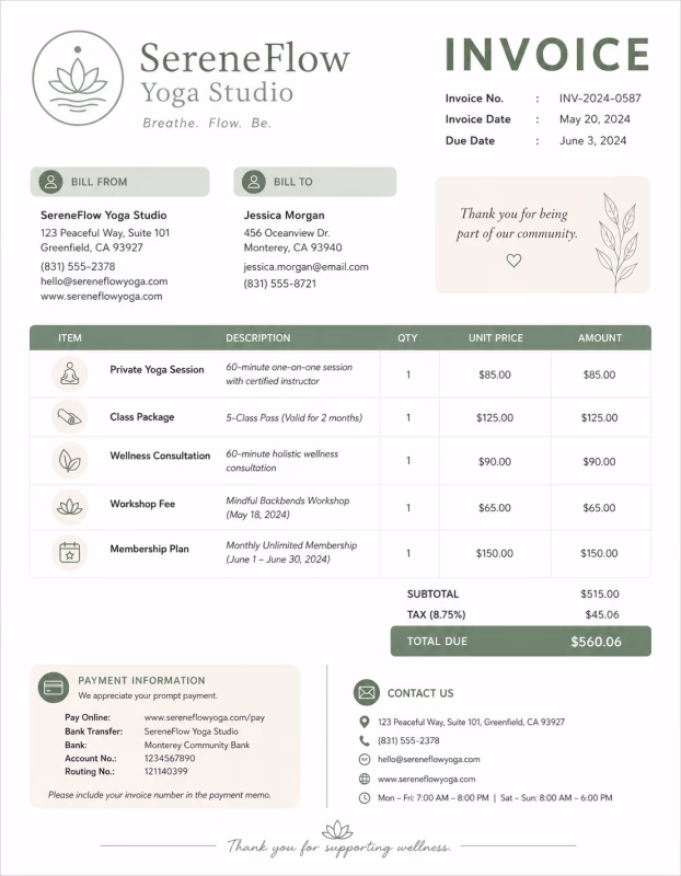 Yoga invoice template showing yoga instruction services, class details, session fees, and payment information